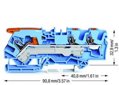 3-conductor through terminal blockwith lever and push-button 6 mm², blue